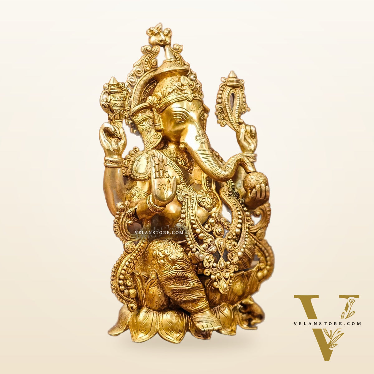Handcrafted Fine Brass Ganesha Idol with Mouse and Detailed Jewelry 21"