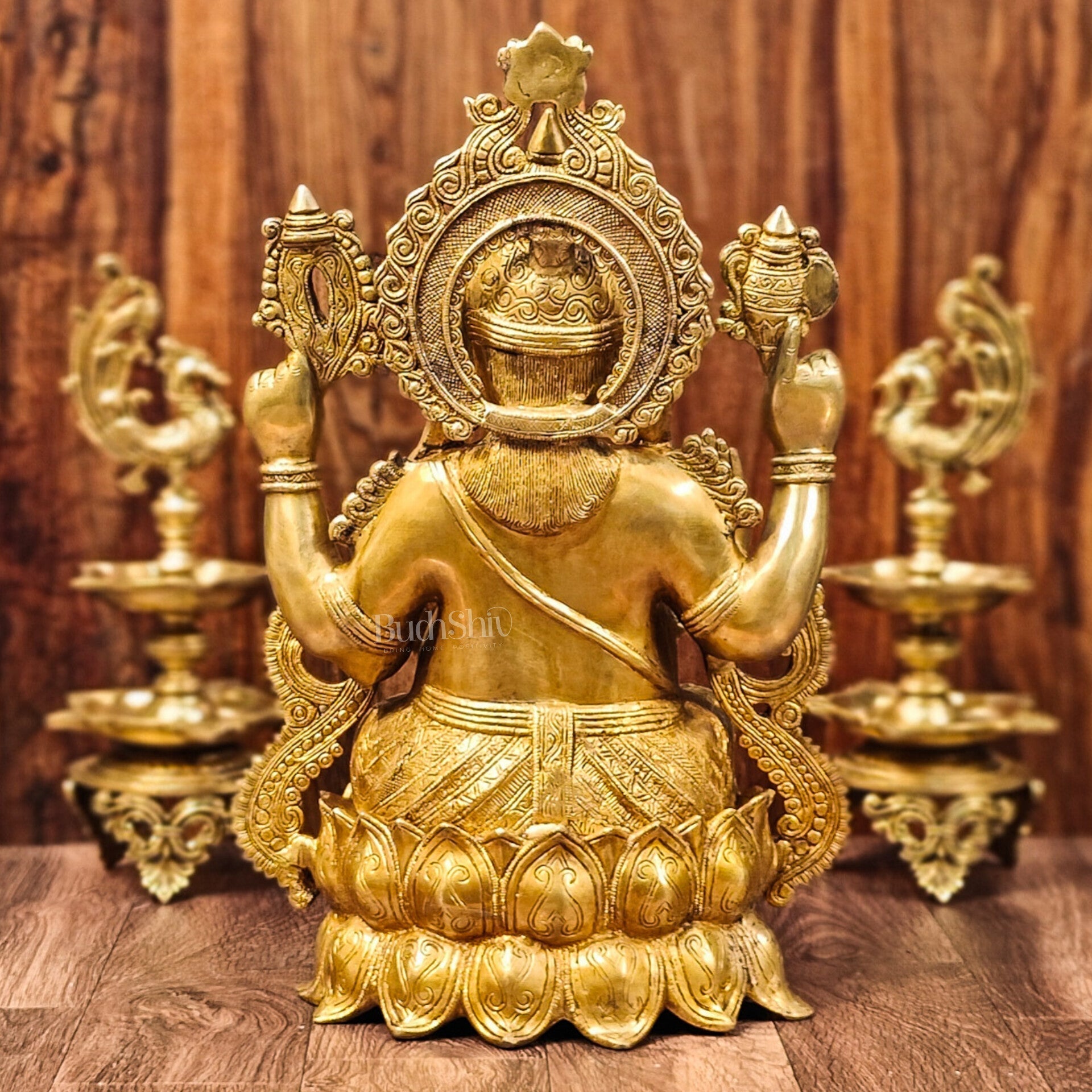 Handcrafted Fine Brass Ganesha Idol with Mouse and Detailed Jewelry 21"