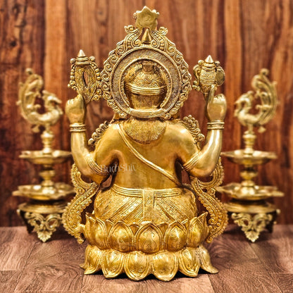 Handcrafted Fine Brass Ganesha Idol with Mouse and Detailed Jewelry 21"