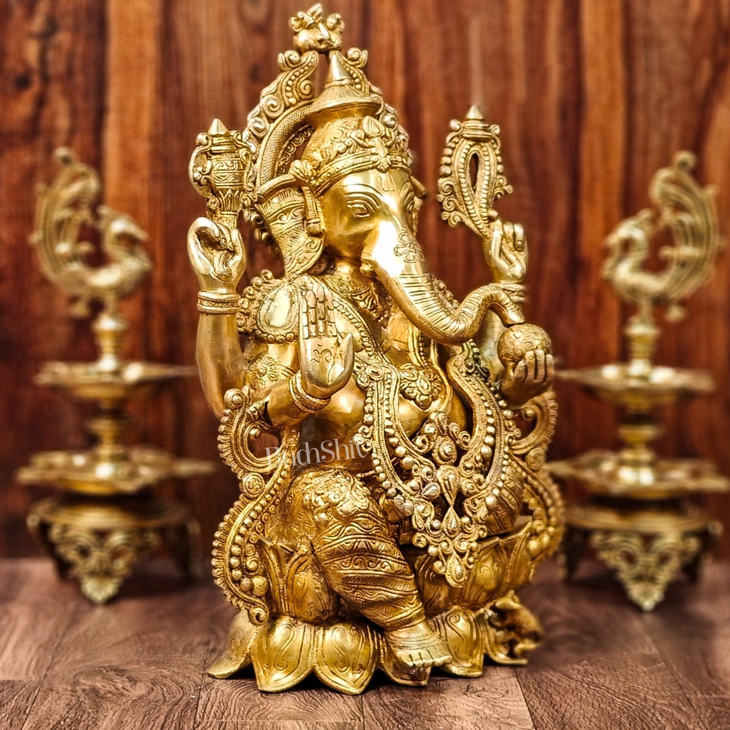 Handcrafted Fine Brass Ganesha Idol with Mouse and Detailed Jewelry 21"