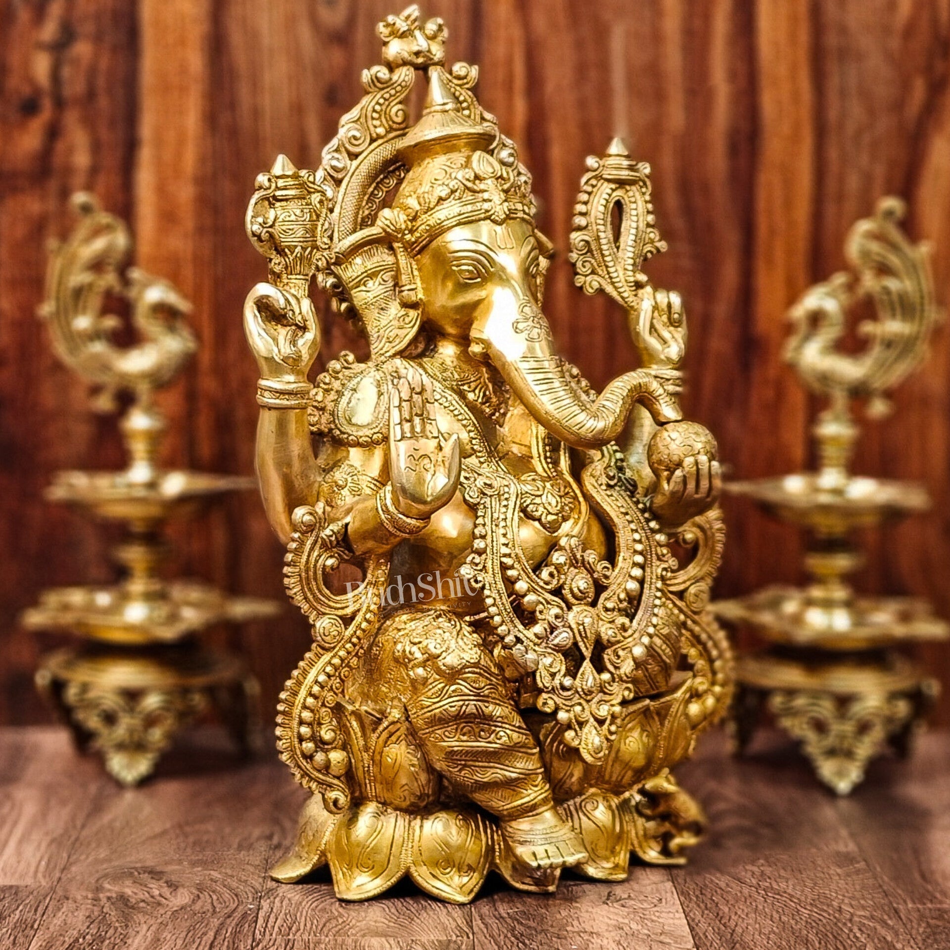 Handcrafted Fine Brass Ganesha Idol with Mouse and Detailed Jewelry 21"