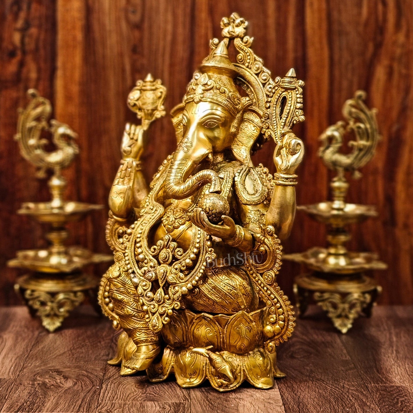 Handcrafted Fine Brass Ganesha Idol with Mouse and Detailed Jewelry 21"