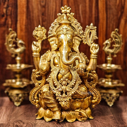 Handcrafted Fine Brass Ganesha Idol with Mouse and Detailed Jewelry 21"