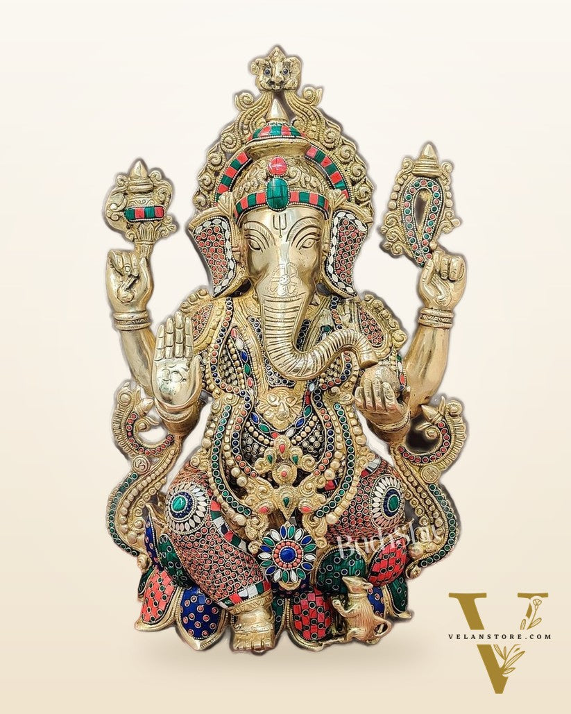 Handcrafted Fine Brass Ganesha Idol with Mouse and Natural Stones 21"