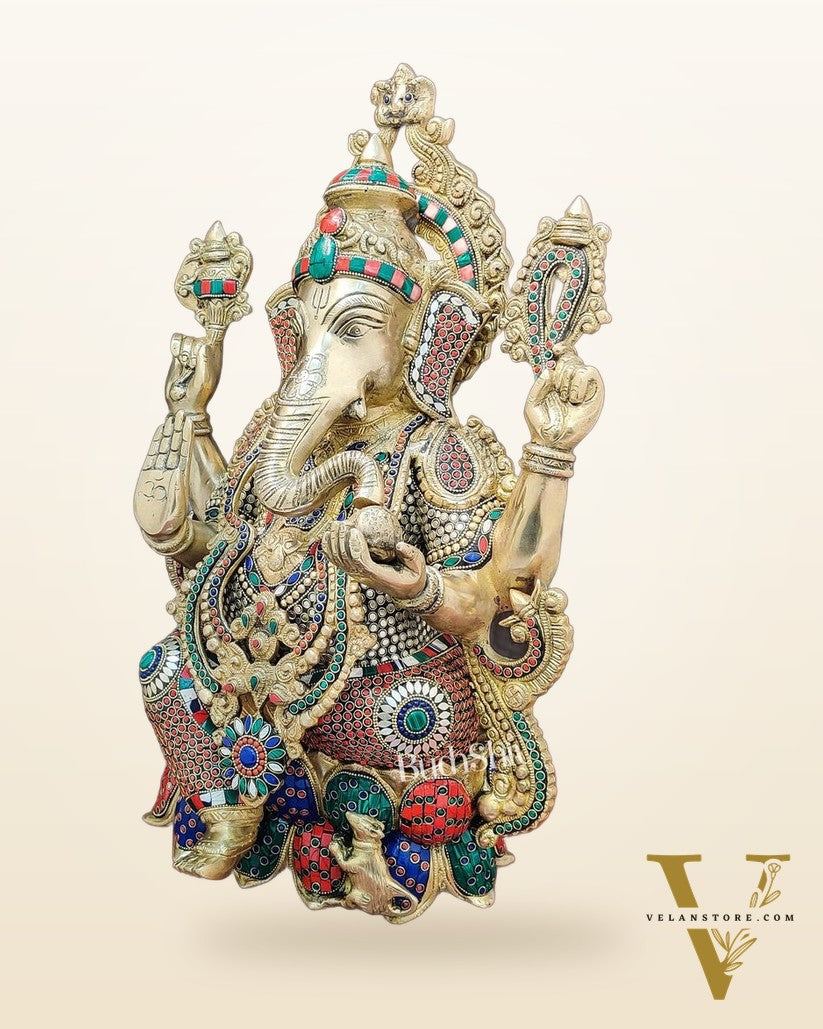 Handcrafted Fine Brass Ganesha Idol with Mouse and Natural Stones 21"