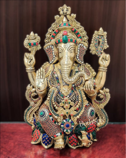 Handcrafted Fine Brass Ganesha Idol with Mouse and Natural Stones 21"