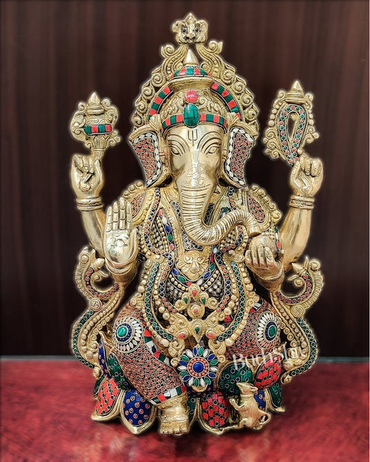 Handcrafted Fine Brass Ganesha Idol with Mouse and Natural Stones 21"