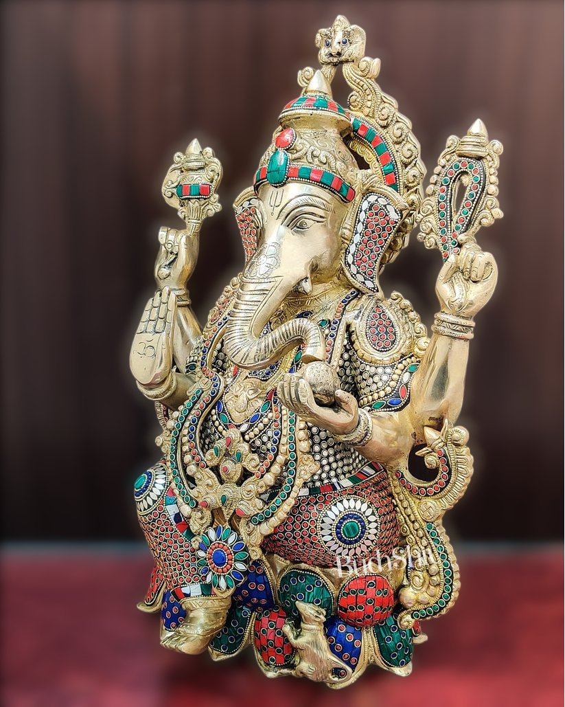 Handcrafted Fine Brass Ganesha Idol with Mouse and Natural Stones 21"