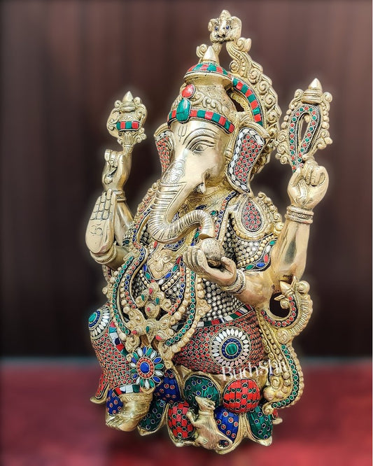 Handcrafted Fine Brass Ganesha Idol with Mouse and Natural Stones 21"
