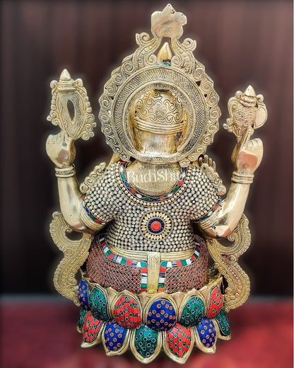 Handcrafted Fine Brass Ganesha Idol with Mouse and Natural Stones 21"