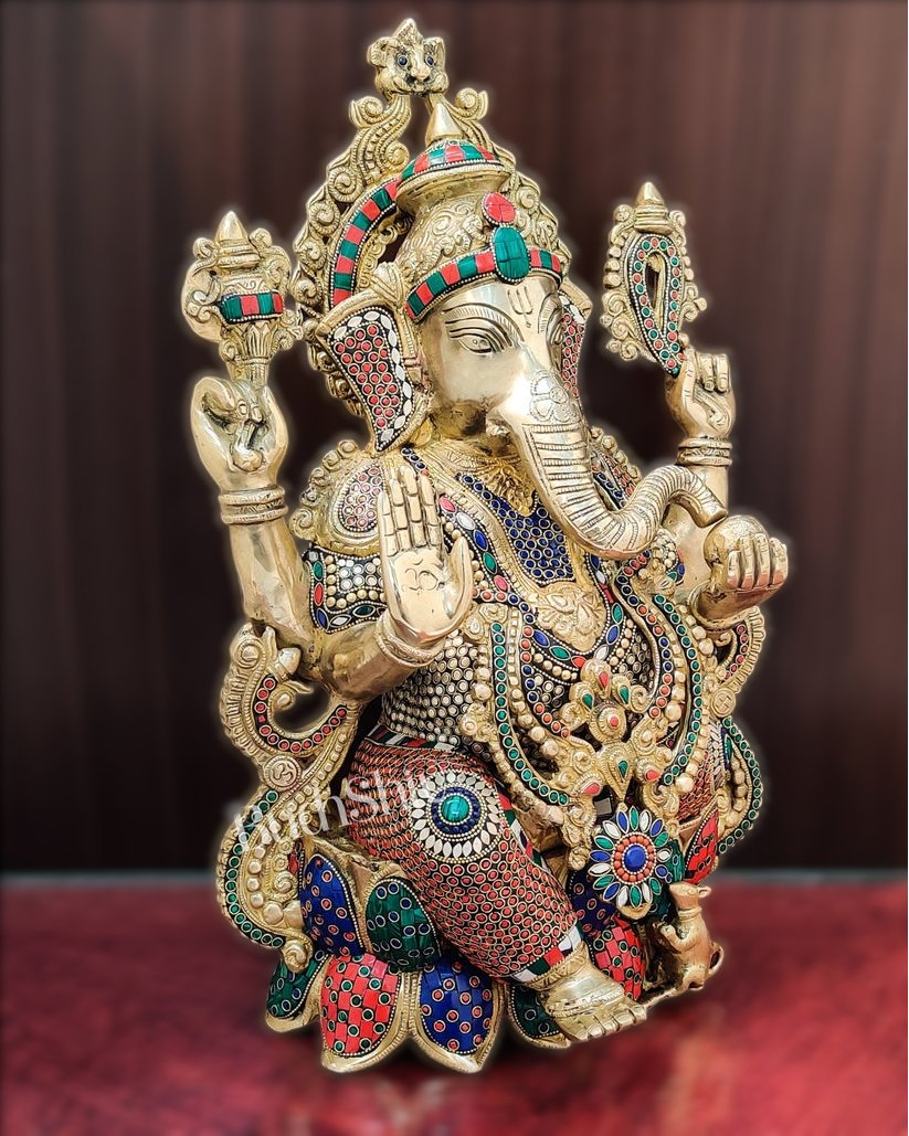 Handcrafted Fine Brass Ganesha Idol with Mouse and Natural Stones 21"