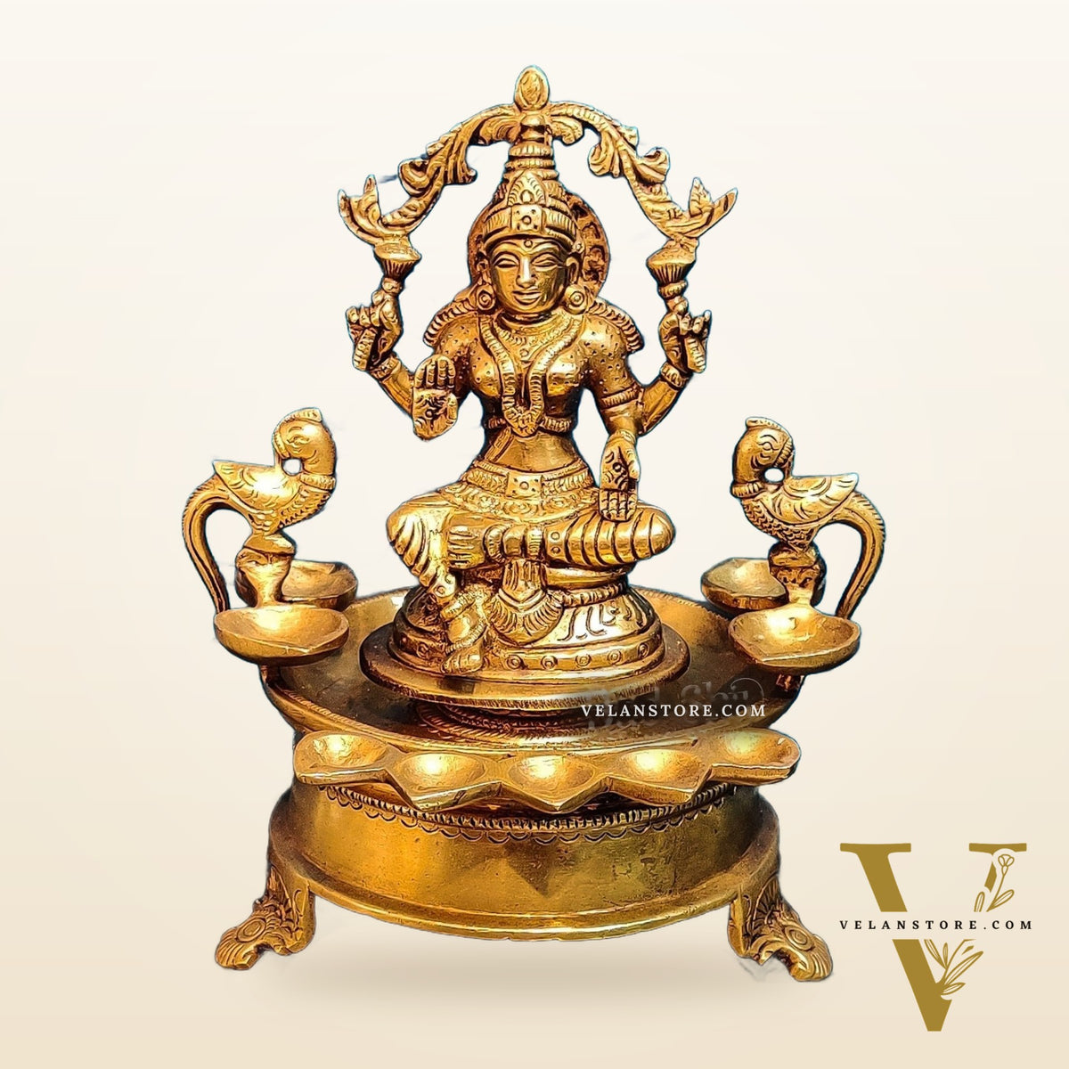 Handcrafted Fine Brass Goddess Lakshmi with Annam Lakshmi and Diya Bowl | 10" Height