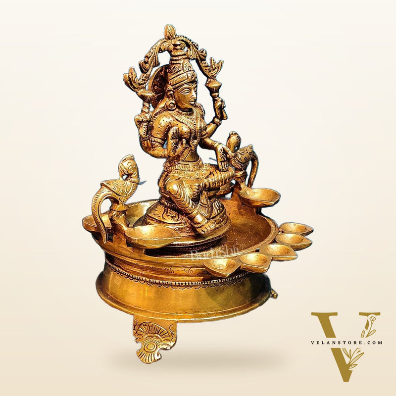 Handcrafted Fine Brass Goddess Lakshmi with Annam Lakshmi and Diya Bowl | 10" Height
