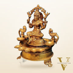 Handcrafted Fine Brass Goddess Lakshmi with Annam Lakshmi and Diya Bowl | 10" Height