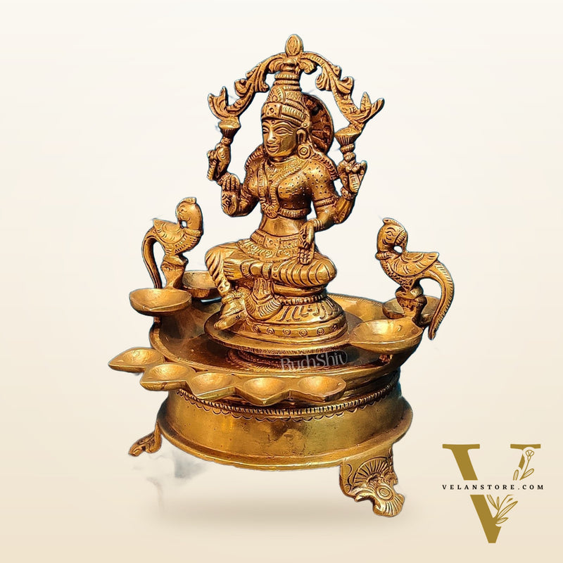Handcrafted Fine Brass Goddess Lakshmi with Annam Lakshmi and Diya Bowl | 10" Height