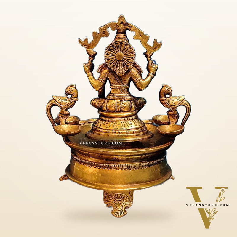 Handcrafted Fine Brass Goddess Lakshmi with Annam Lakshmi and Diya Bowl | 10" Height
