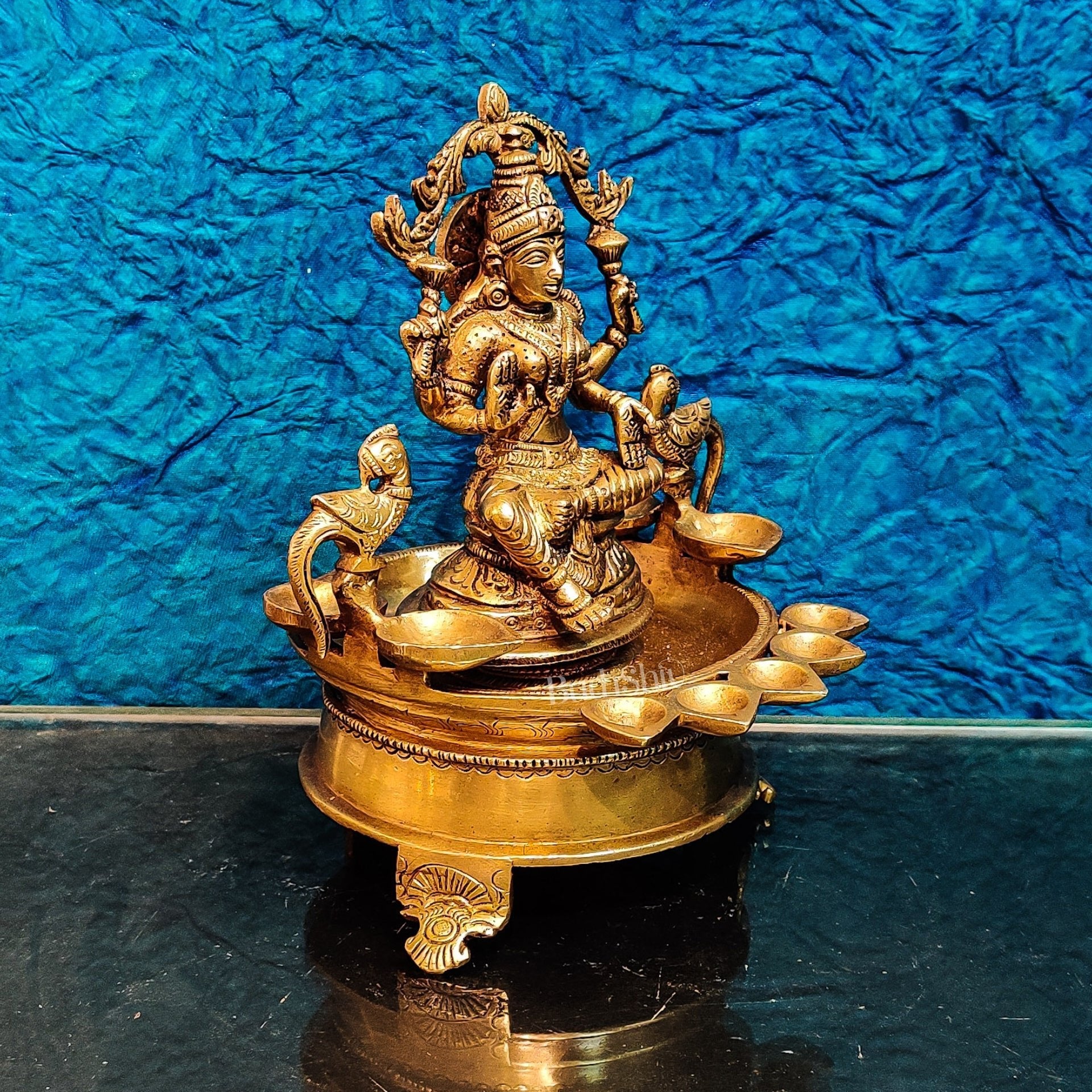 Handcrafted Fine Brass Goddess Lakshmi with Annam Lakshmi and Diya Bowl | 10" Height
