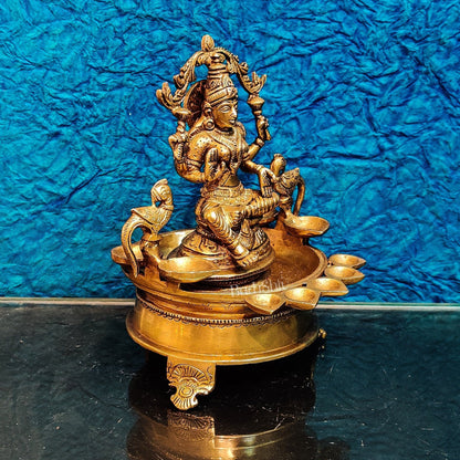 Handcrafted Fine Brass Goddess Lakshmi with Annam Lakshmi and Diya Bowl | 10" Height