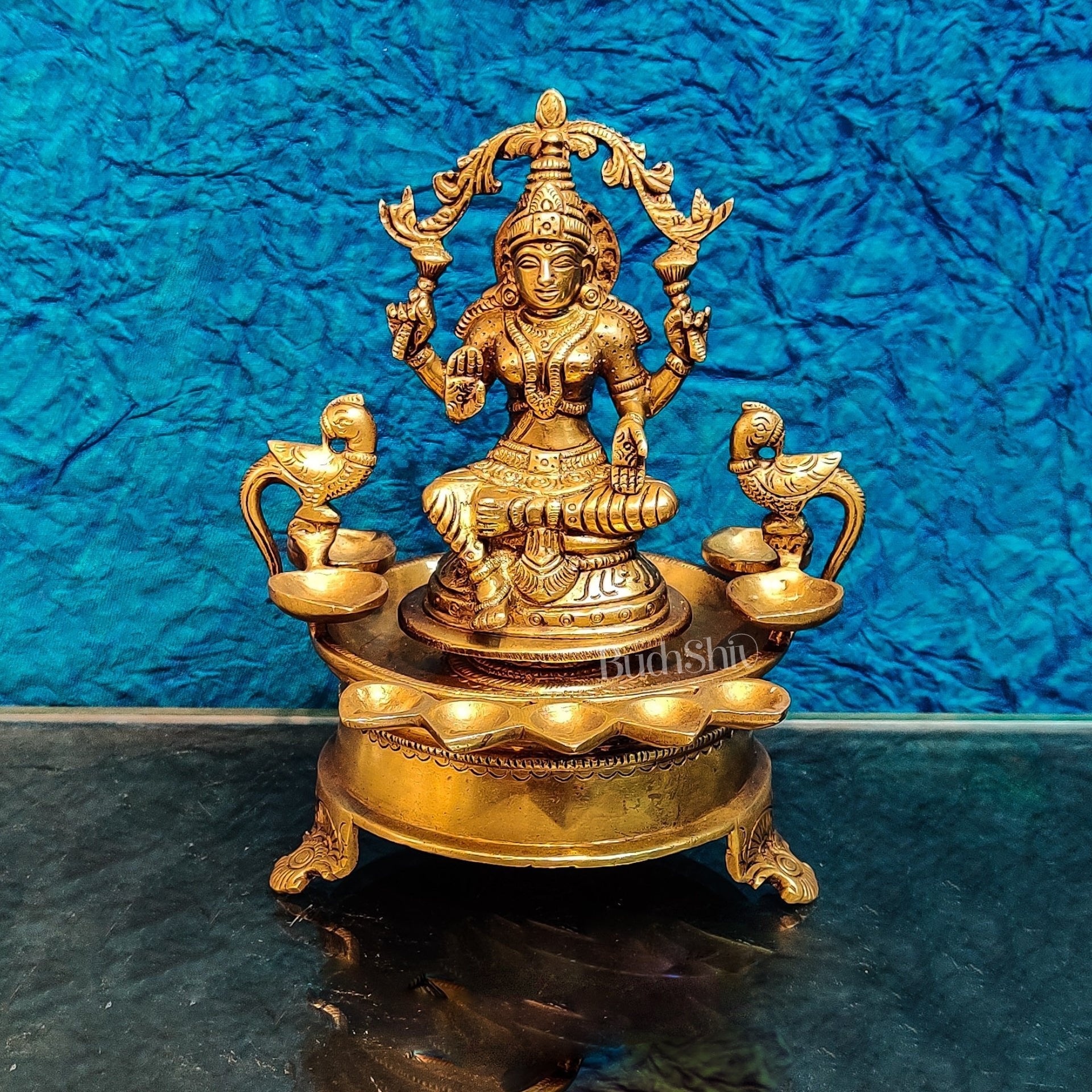 Handcrafted Fine Brass Goddess Lakshmi with Annam Lakshmi and Diya Bowl | 10" Height