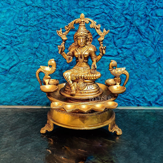 Handcrafted Fine Brass Goddess Lakshmi with Annam Lakshmi and Diya Bowl | 10" Height