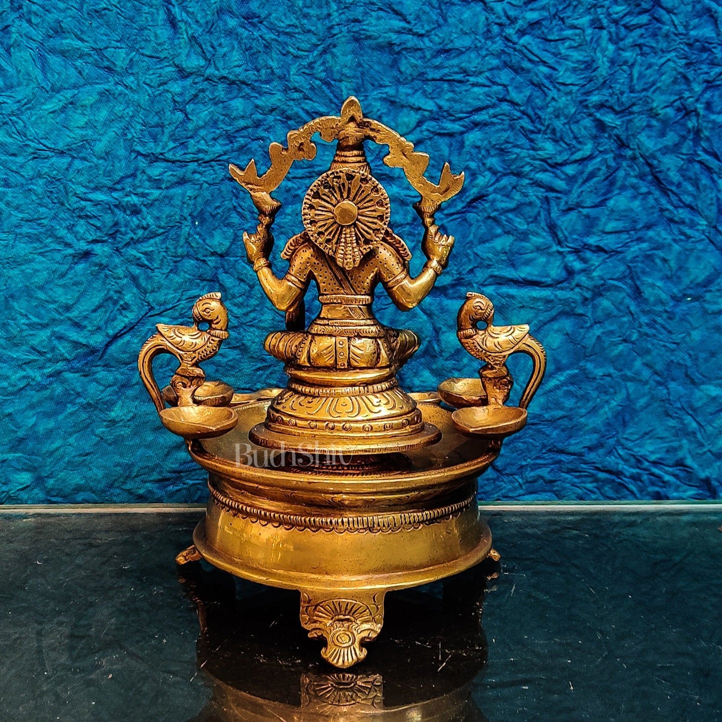 Handcrafted Fine Brass Goddess Lakshmi with Annam Lakshmi and Diya Bowl | 10" Height