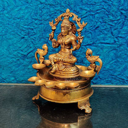 Handcrafted Fine Brass Goddess Lakshmi with Annam Lakshmi and Diya Bowl | 10" Height