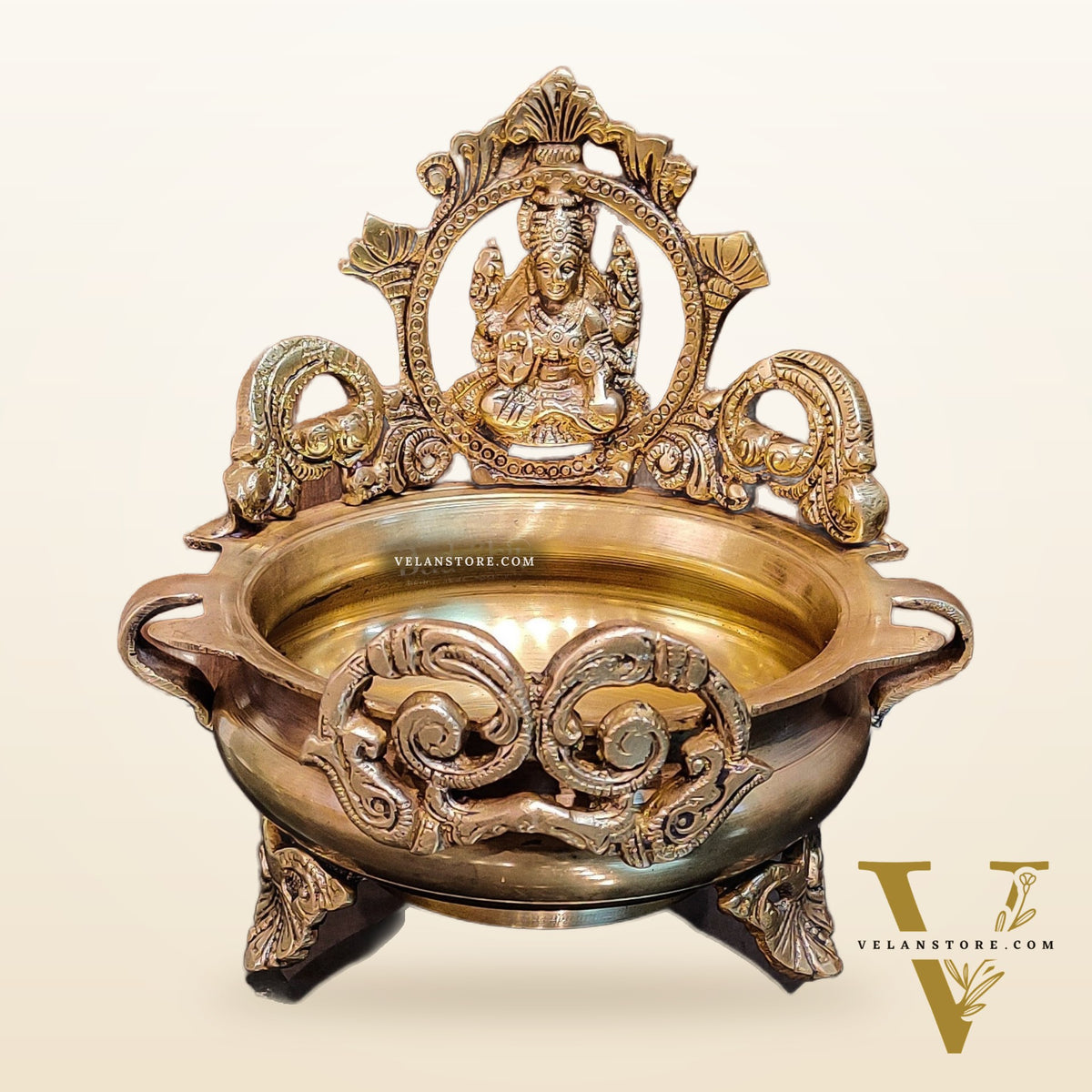 Handcrafted Fine Brass Lakshmi Statue on Decorative Urli with Floral Design 7"