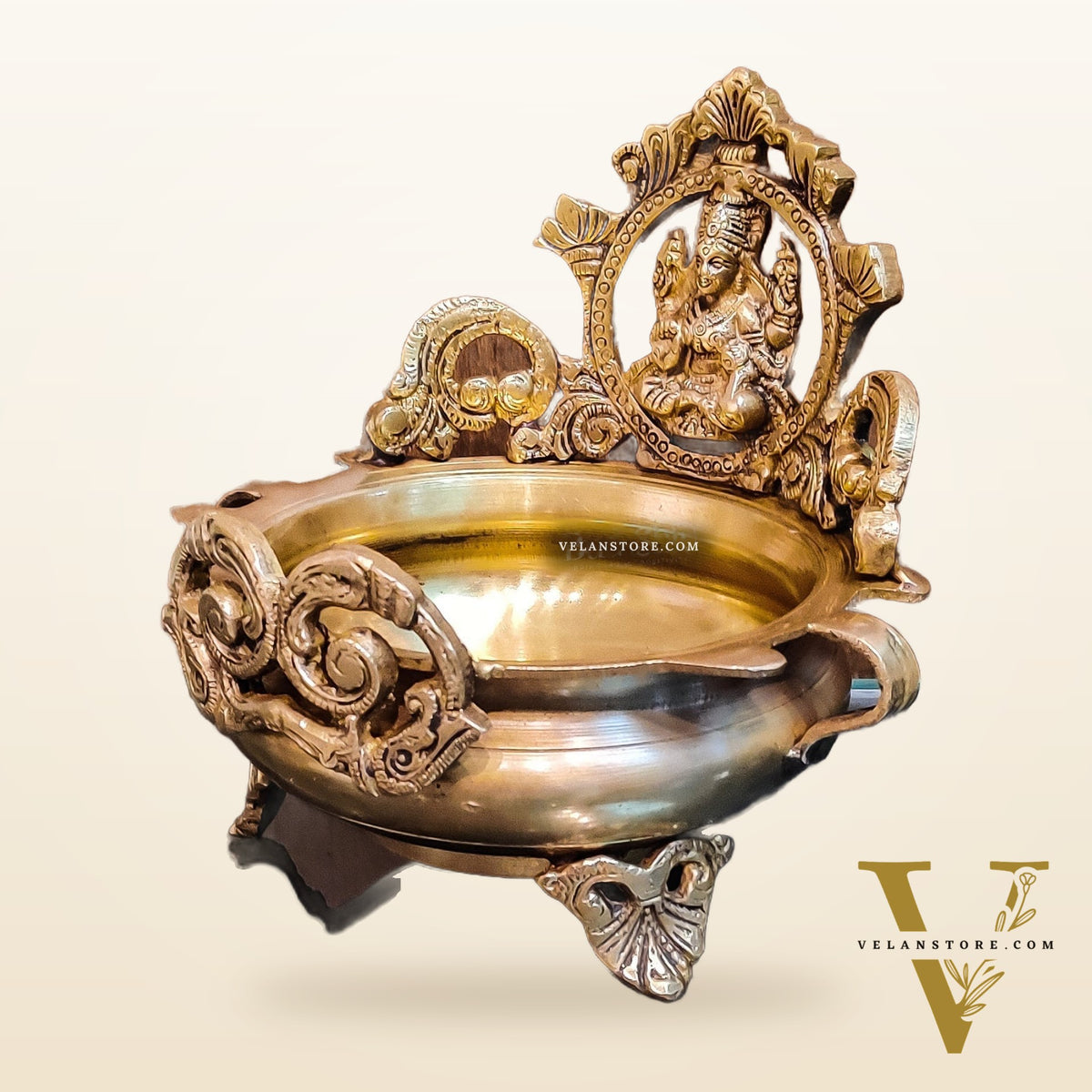 Handcrafted Fine Brass Lakshmi Statue on Decorative Urli with Floral Design 7"
