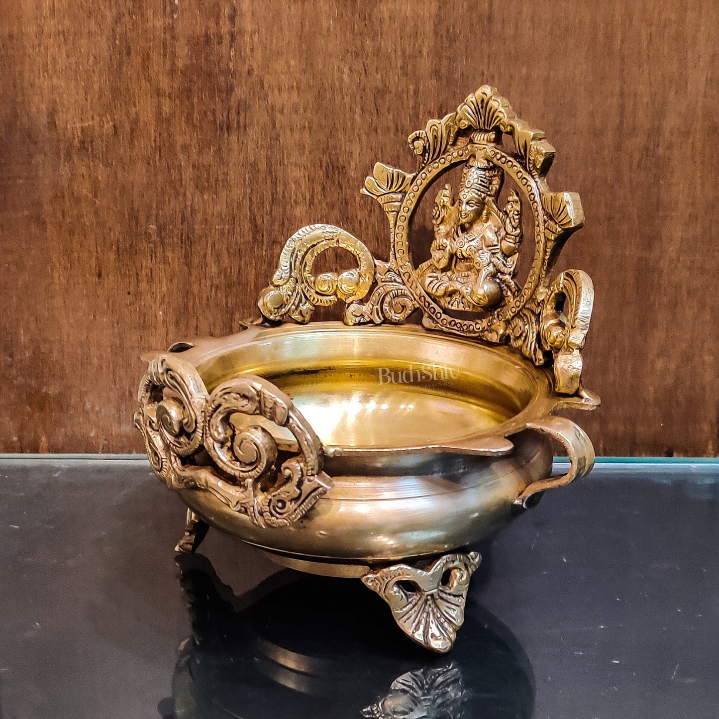 Handcrafted Fine Brass Lakshmi Statue on Decorative Urli with Floral Design 7"