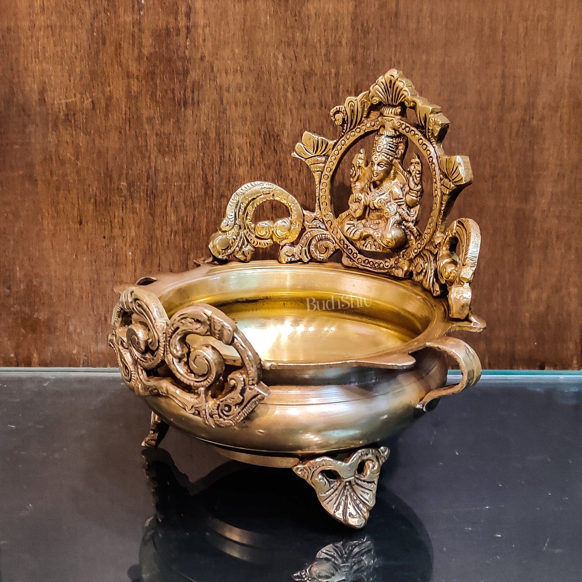 Handcrafted Fine Brass Lakshmi Statue on Decorative Urli with Floral Design 7"