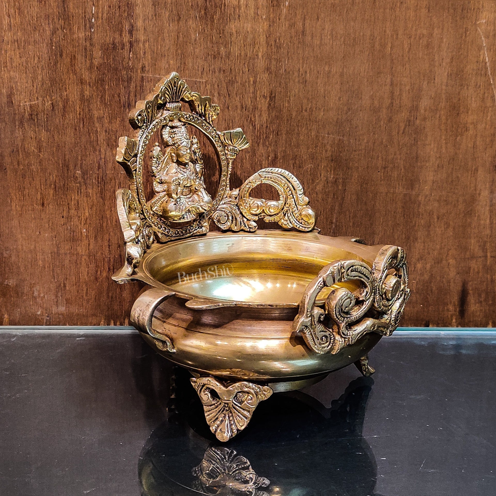 Handcrafted Fine Brass Lakshmi Statue on Decorative Urli with Floral Design 7"