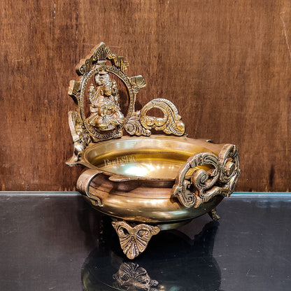 Handcrafted Fine Brass Lakshmi Statue on Decorative Urli with Floral Design 7"
