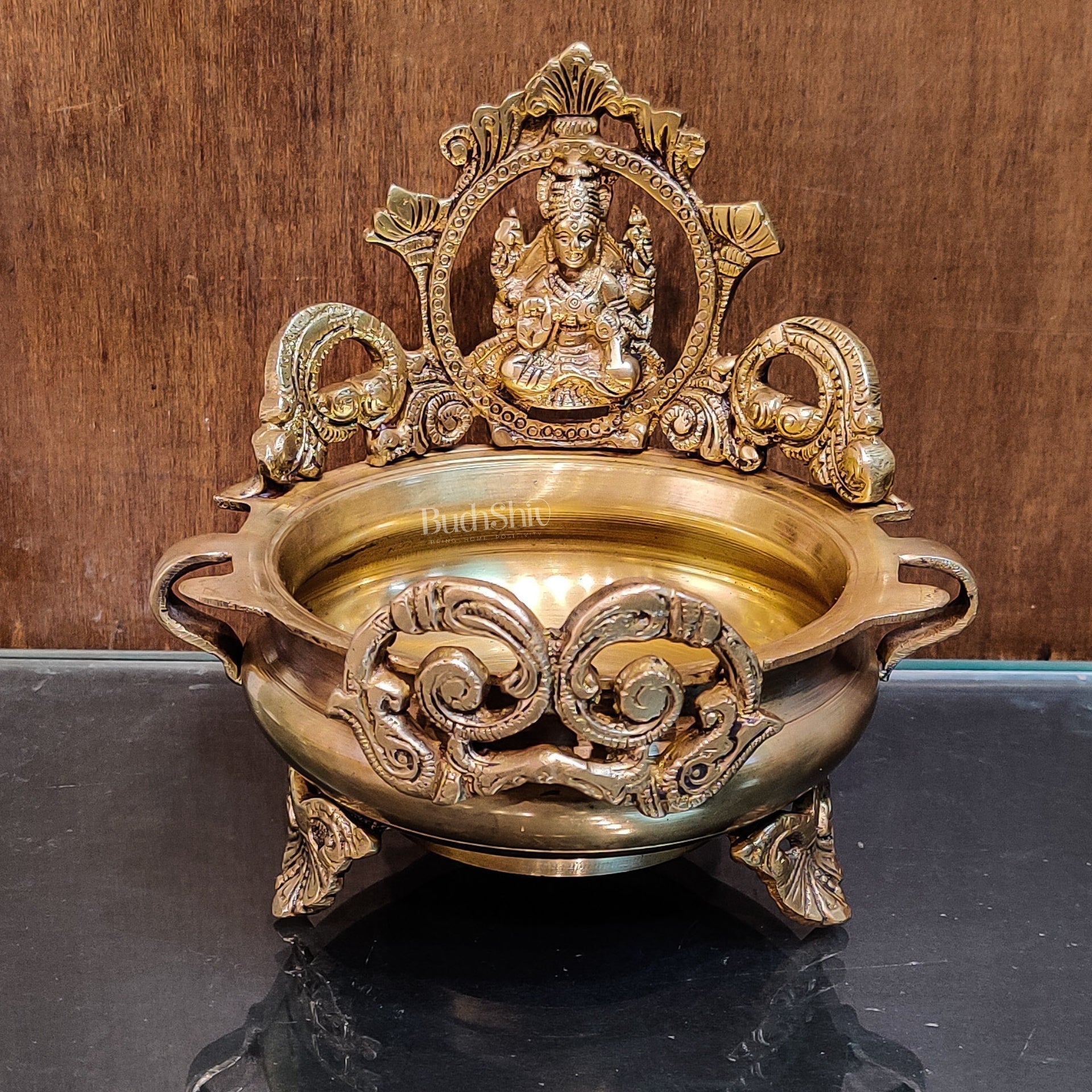 Handcrafted Fine Brass Lakshmi Statue on Decorative Urli with Floral Design 7"