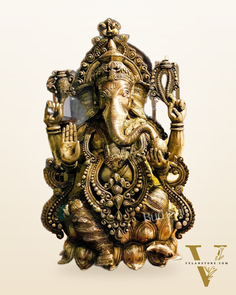 Handcrafted Fine Brass Lord Ganesha Idol with Antique Gold Finish – 21" Tall,