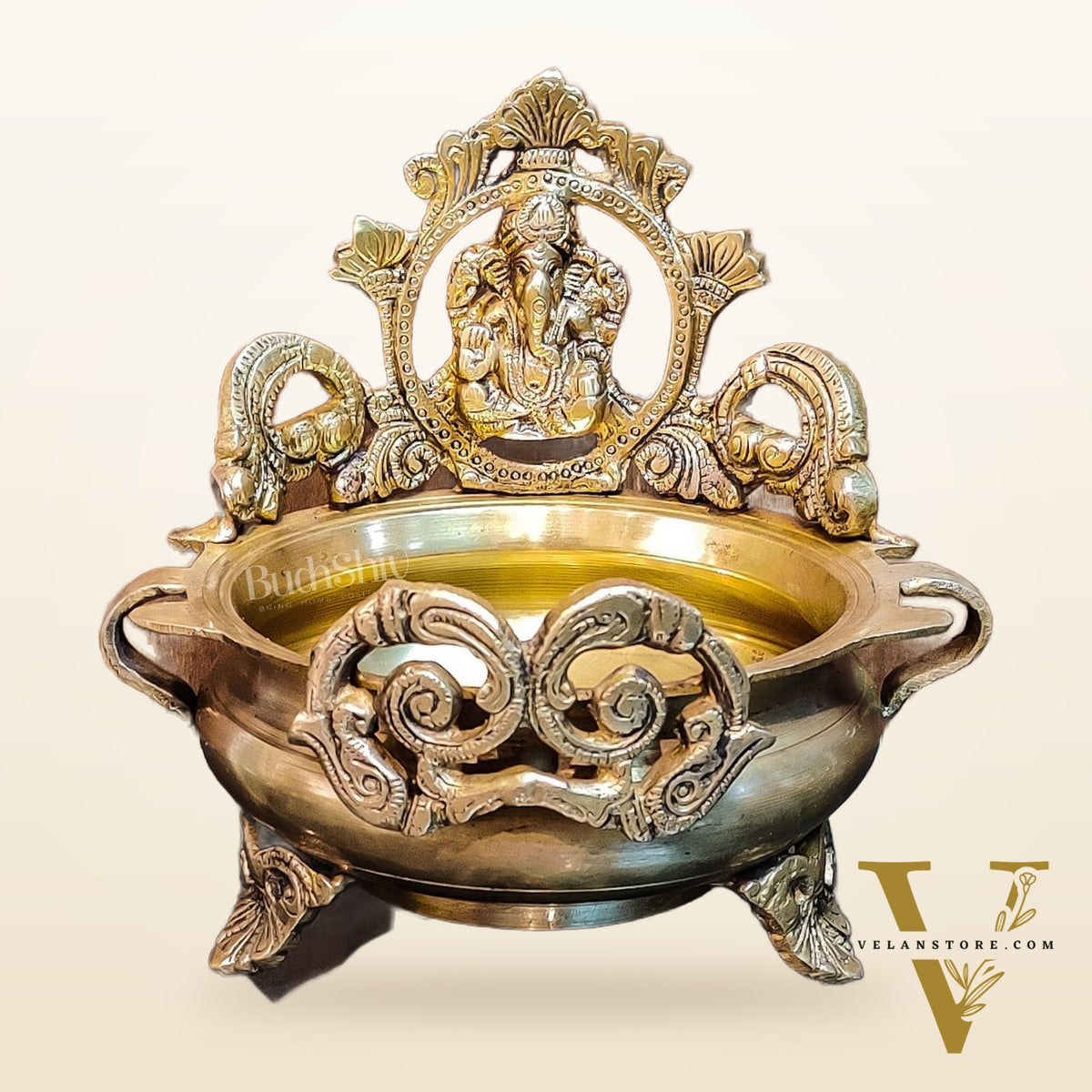 Handcrafted Fine Brass Lord Ganesha on Beautiful Urli - 7 inches