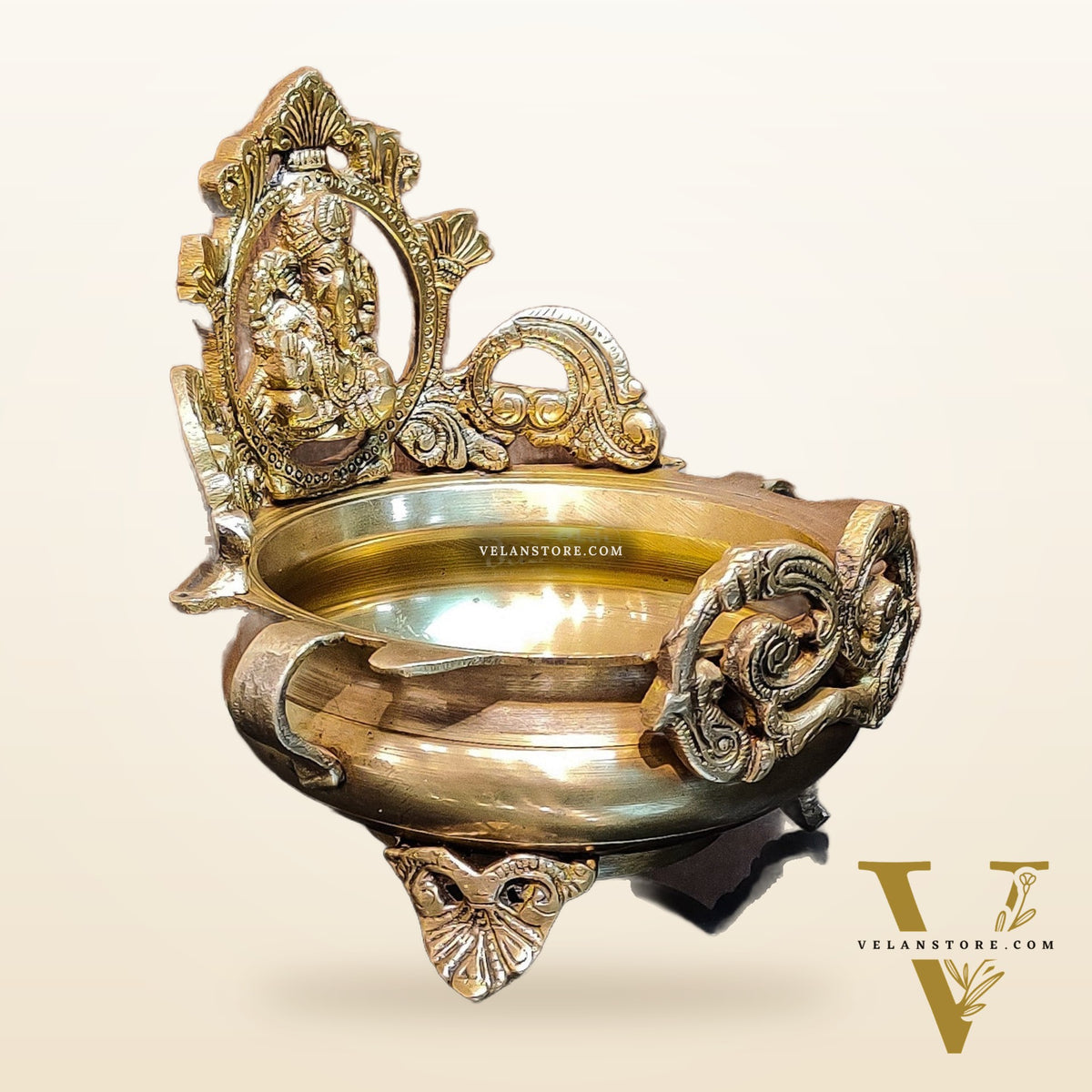 Handcrafted Fine Brass Lord Ganesha on Beautiful Urli - 7 inches
