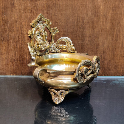 Handcrafted Fine Brass Lord Ganesha on Beautiful Urli - 7 inches
