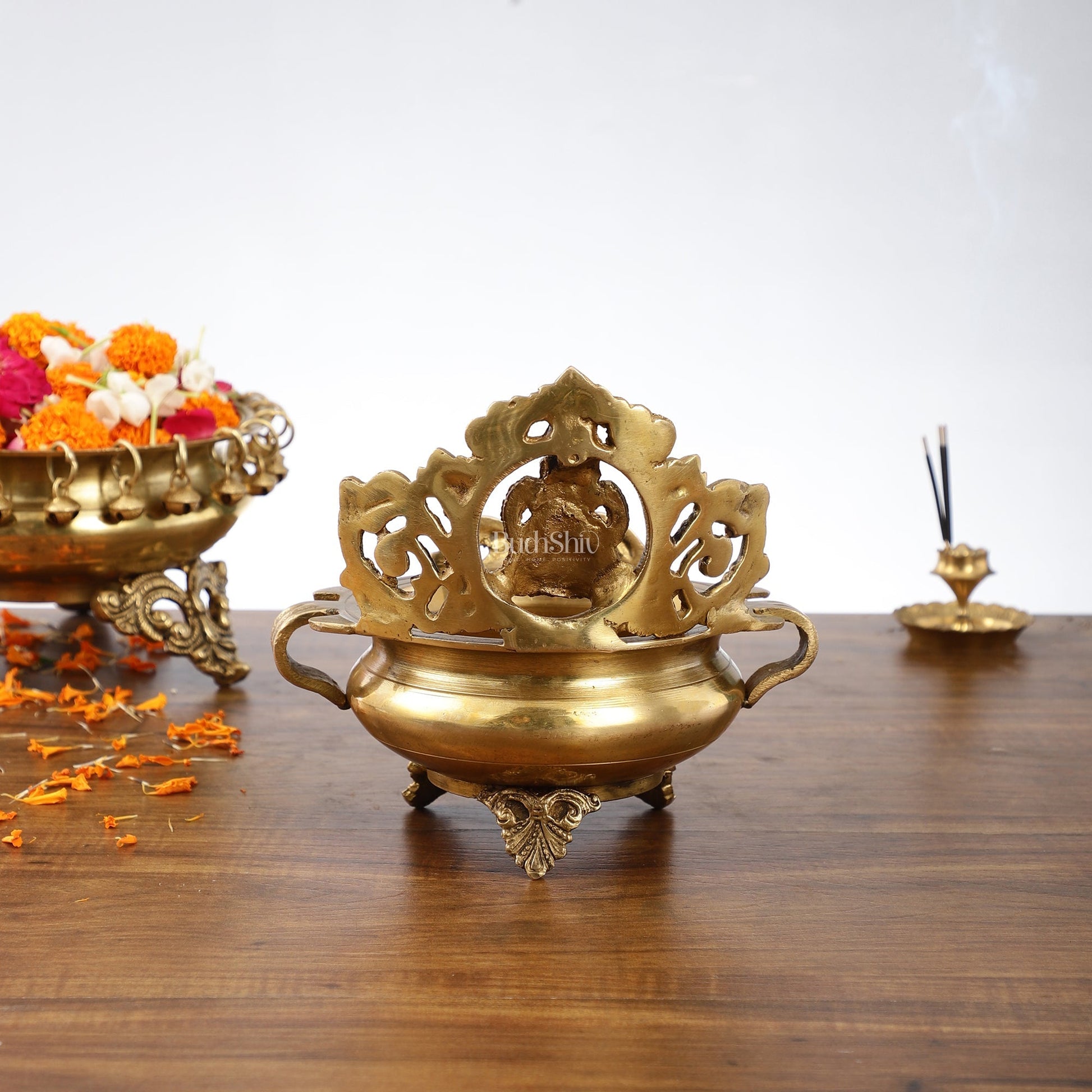 Handcrafted Fine Brass Lord Ganesha on Beautiful Urli - 7 inches