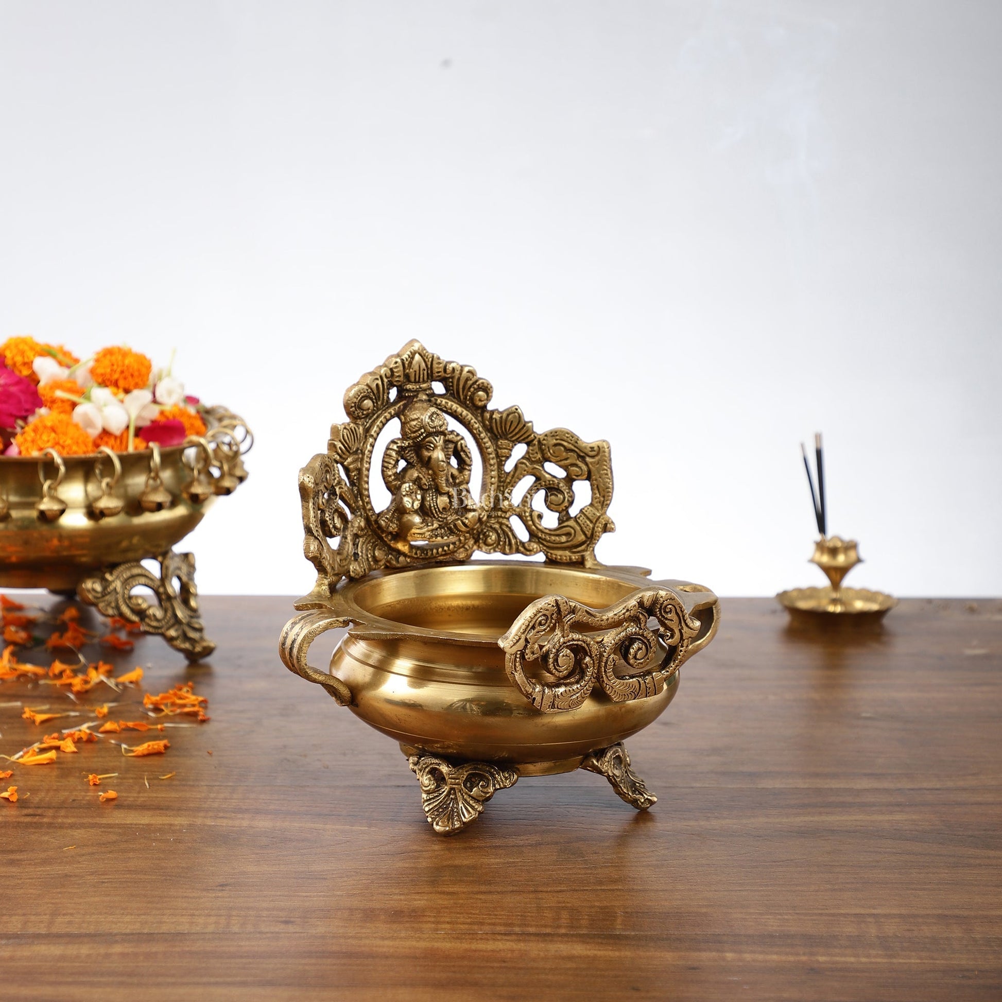 Handcrafted Fine Brass Lord Ganesha on Beautiful Urli - 7 inches