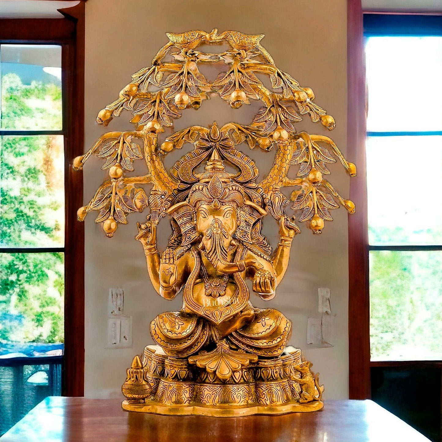 Handcrafted Fine Brass Lord Ganesha under Mango Tree - 24 inches