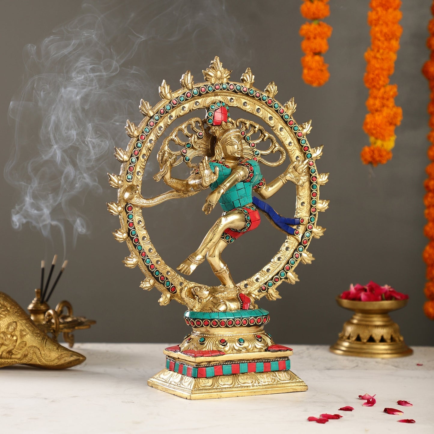 Handcrafted Fine Brass Nataraja Statue - 13 Inch, meenakari