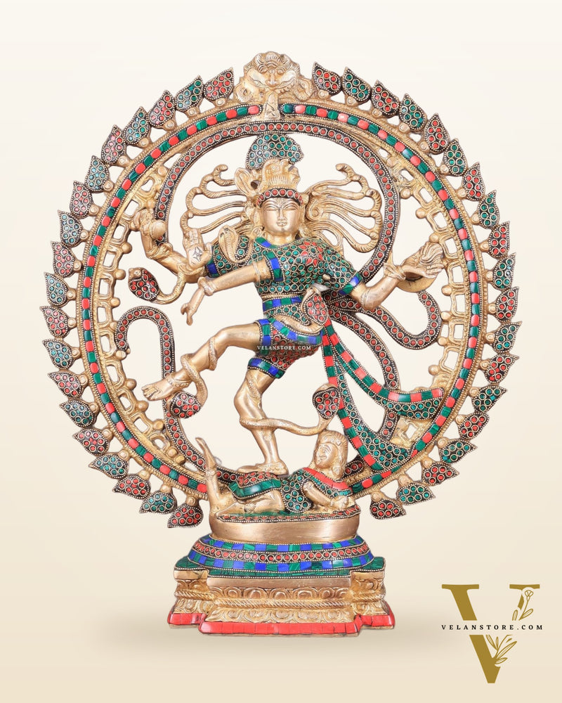 Handcrafted Fine Brass Nataraja Statue with Stonework - 20.5" Height