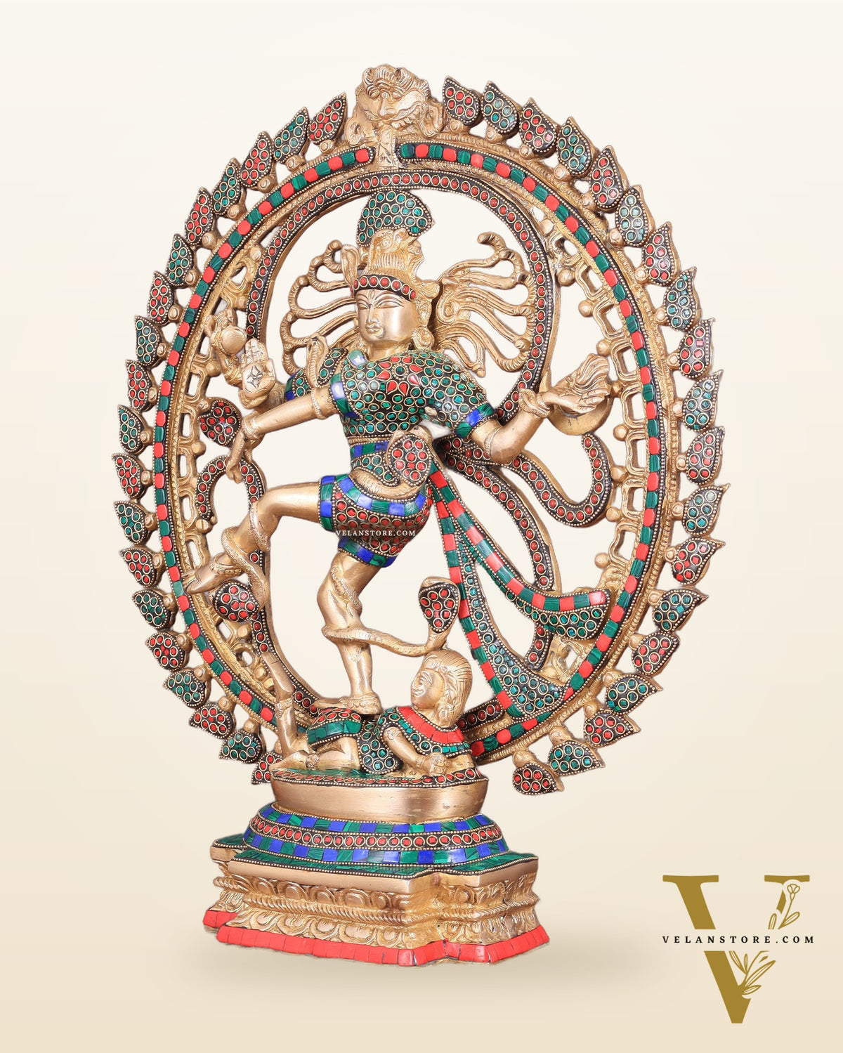 Handcrafted Fine Brass Nataraja Statue with Stonework - 20.5" Height