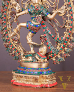Handcrafted Fine Brass Nataraja Statue with Stonework - 20.5" Height