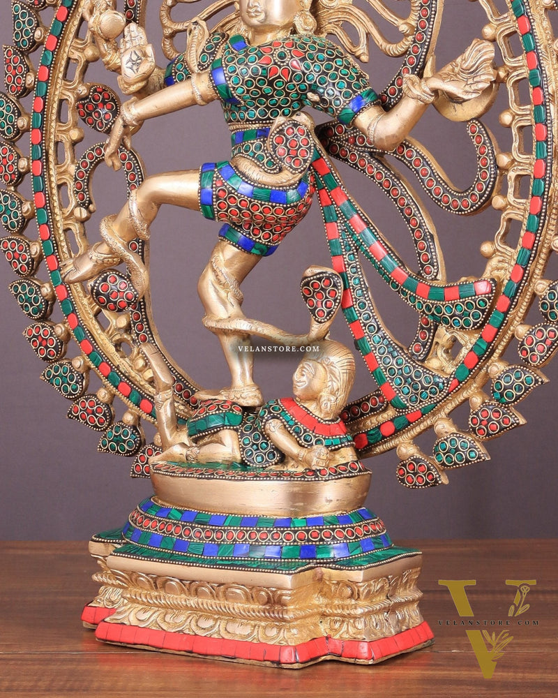 Handcrafted Fine Brass Nataraja Statue with Stonework - 20.5" Height
