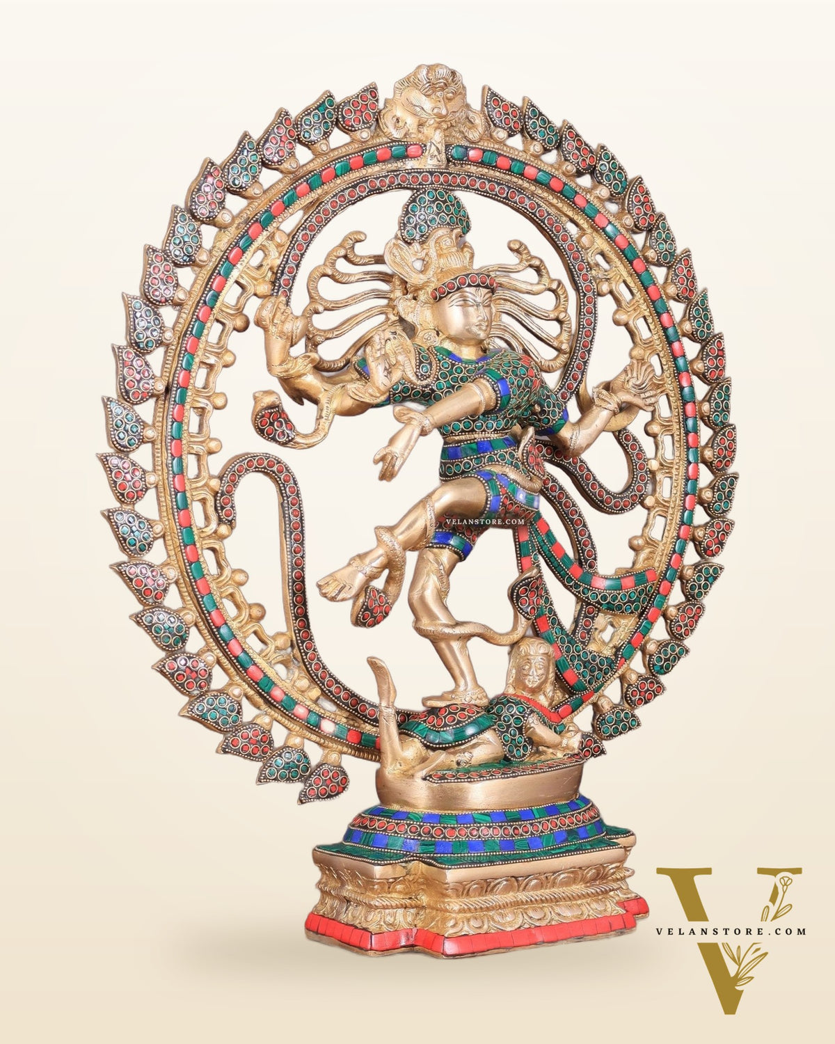 Handcrafted Fine Brass Nataraja Statue with Stonework - 20.5" Height
