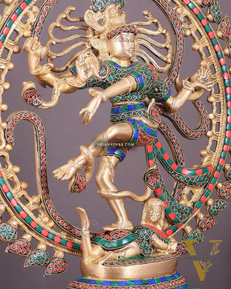 Handcrafted Fine Brass Nataraja Statue with Stonework - 20.5" Height
