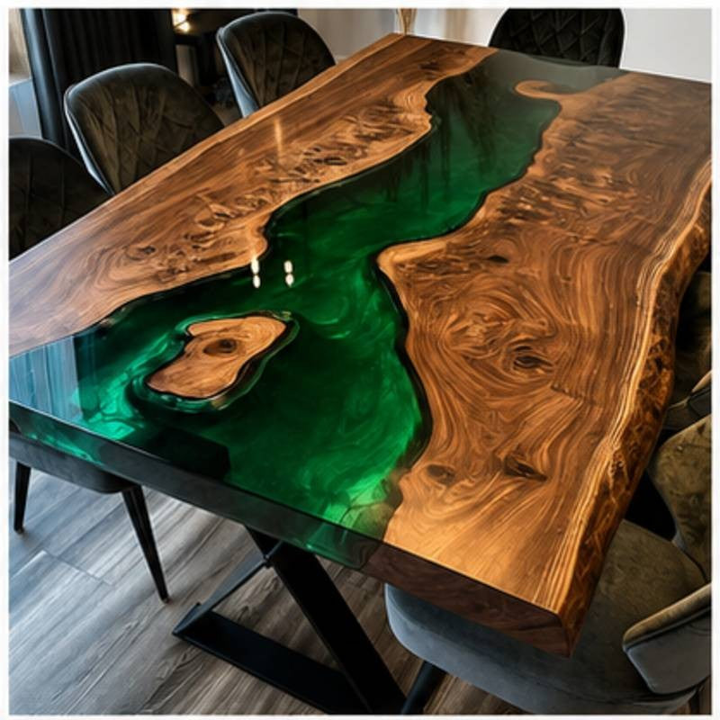 Handmade Live Edge Epoxy Resin Dining Table, Green River Dining Table for Modern Kitchen & Dining Area, Live Edge Natural Wood Artistic Top