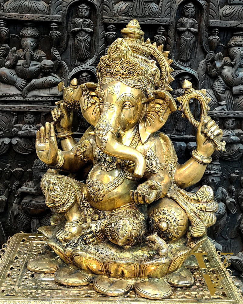 Handcrafted Ganapathi Statue 21": Lord Ganesha Seated on Lotus Base | 30 kg