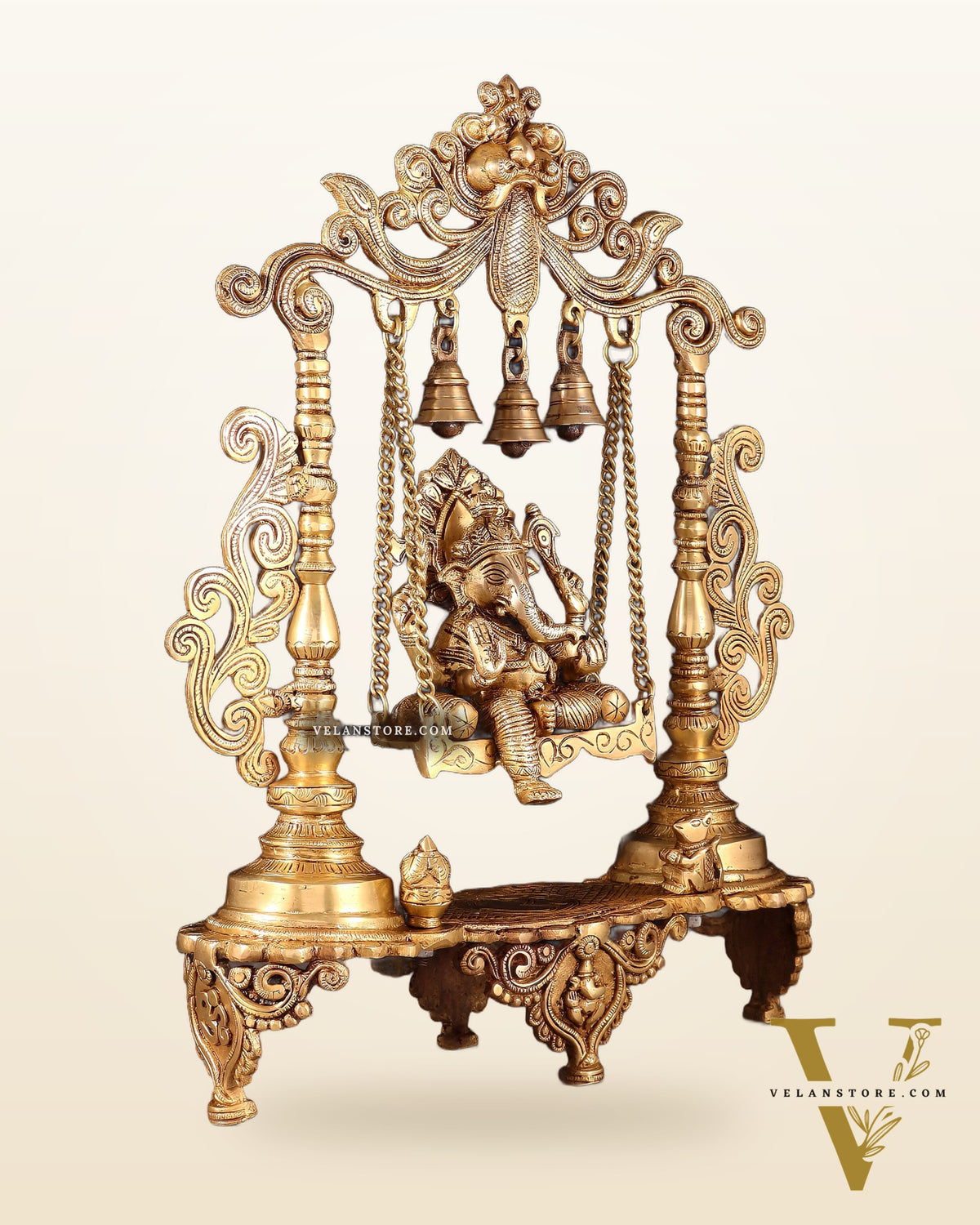 Handcrafted Ganesha on a Swing idol - Superfine Brass, 20"